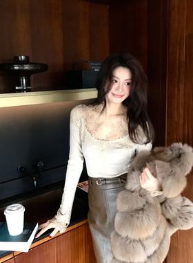 Alone Savor龙喜儿 优雅魅力V领蕾丝小衫花边长袖微透上衣女T656