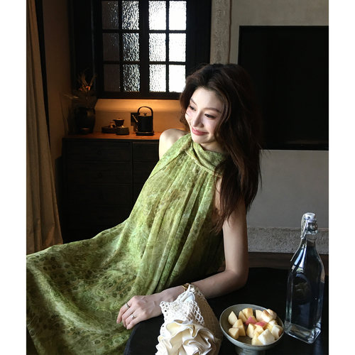 AloneSavor龙喜儿 印花连衣裙无袖挂脖宽松透气女士背心裙N366