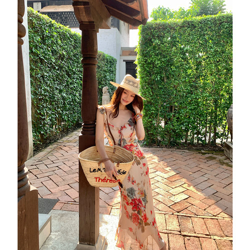 AloneSavor龙喜儿 碎花吊带连衣裙女无袖v领荷叶边高腰鱼尾裙Y212