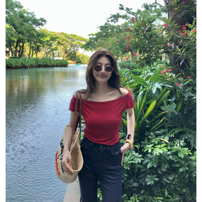 AloneSavor龙喜儿 法式精致小飞袖蕾丝小衫船领露背上衣女Z595