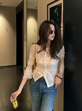 Alone Savor龙喜儿薄款独特白色高弹针织开衫女蕾丝秋装外套j211