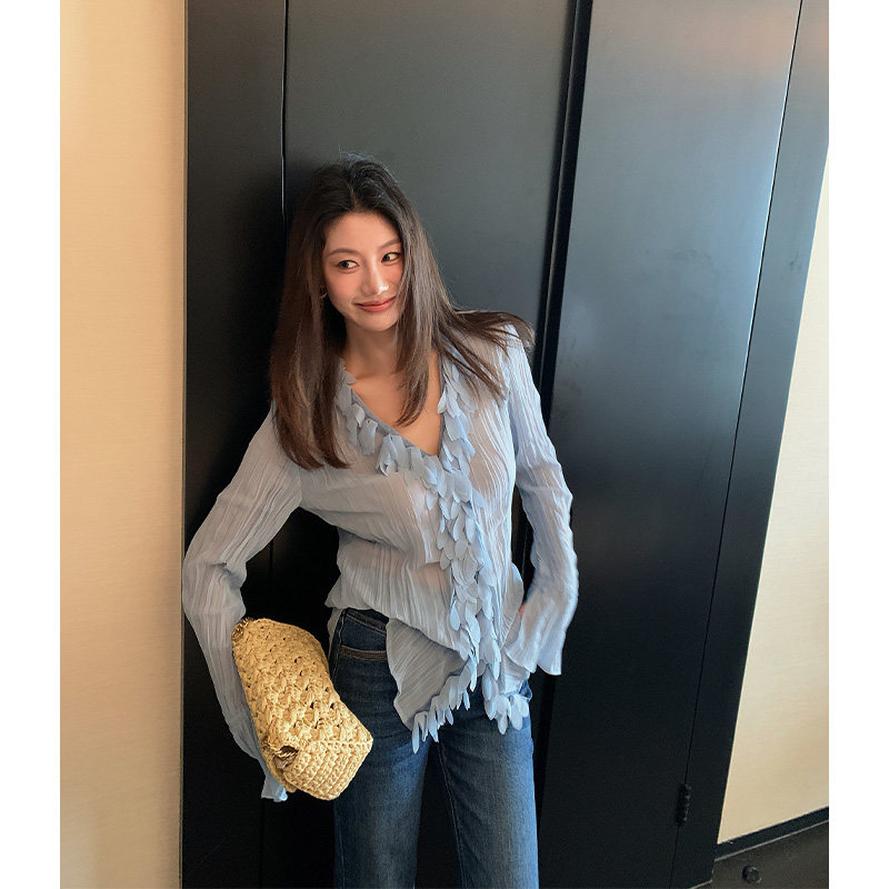 Alone Savor龙喜儿 优雅花边V领衬衫女褶皱显瘦长袖绑带开衫Z913
