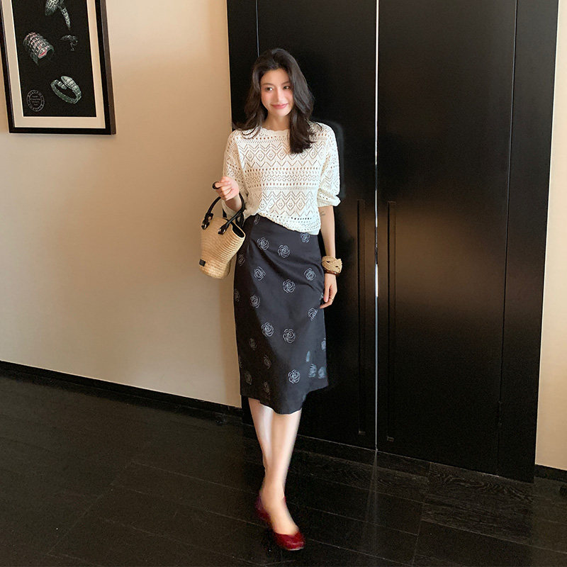 龍喜儿 复古玫瑰印花半身裙早秋女法式优雅网纱轻薄透气半裙Z510