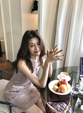 Alone Savor龙喜儿 秋季小香风粗花毛呢口袋背心连衣裙女C406