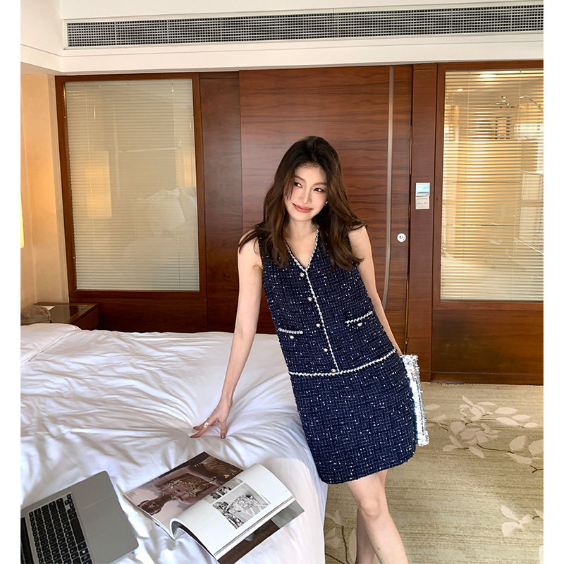 Alone Savor龙喜儿 早秋重工编制粗花毛呢无袖吊带连衣长裙女K600