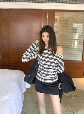 Alone Savor龙喜儿经典时尚条纹一字肩T恤漏肩长袖女士棉上衣J011