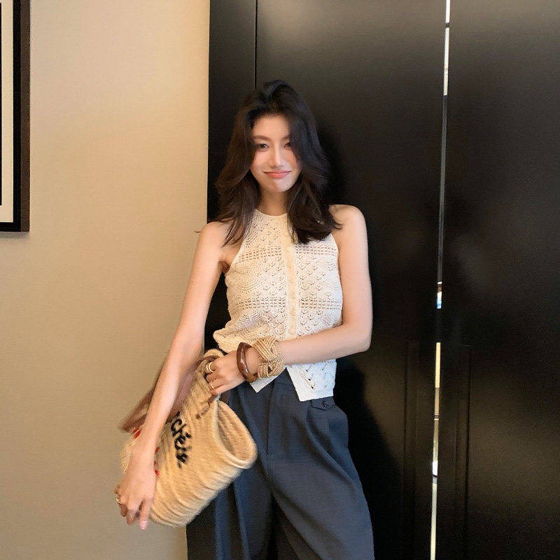 龍喜儿 法式钩花挂脖背心女波西米亚风镂空勾花无袖针织马甲J498