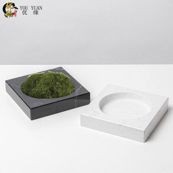 现代中式创意大理石绿植花盆摆件样板房售楼部桌面青苔花器装饰品