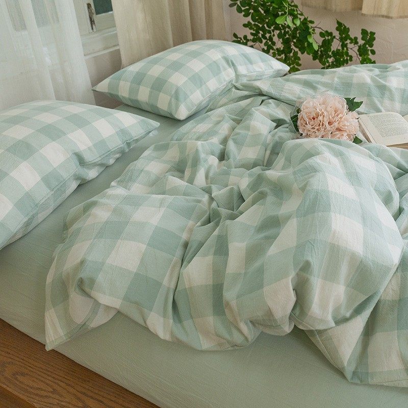 日式简约风淡绿格子水洗棉全棉四件套纯棉被套床单床上用品床笠款