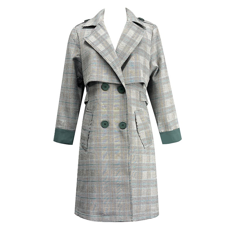 中长款红色格子风衣女2024秋冬修身气质百搭西装领蓝色双排扣外套