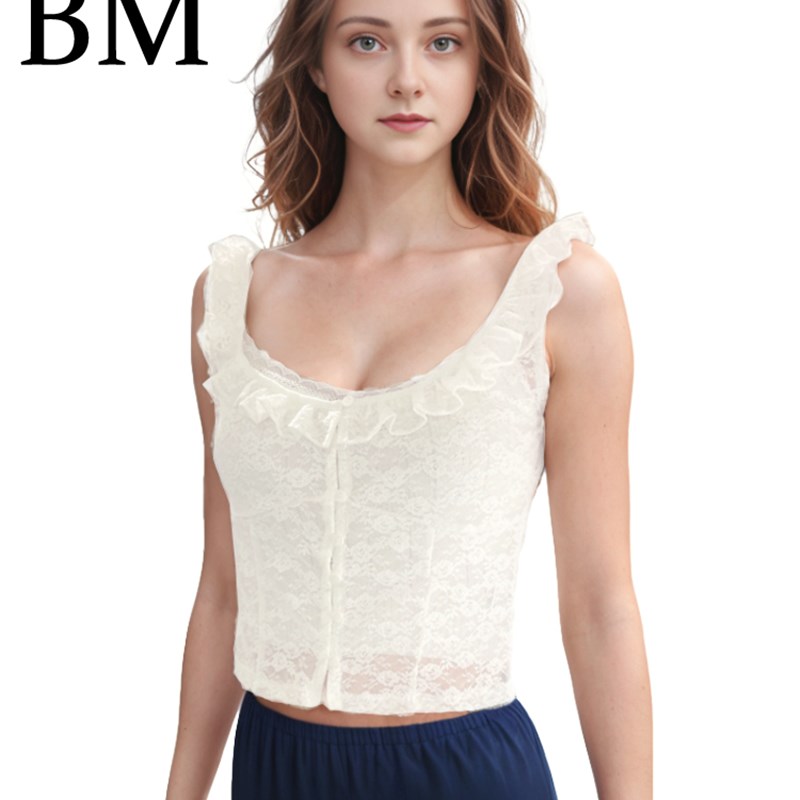 BM木耳荷叶边无袖白色短上衣温柔蕾丝纽扣修身绝美短款小吊带女夏