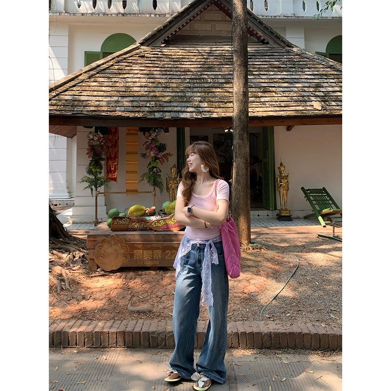 米米子微胖大码胖mm 复古时尚休闲垂感直筒高腰水洗蓝牛仔裤女春