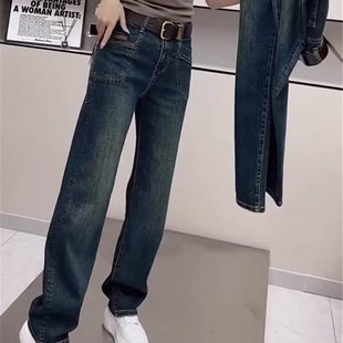 胖妹妹mm寬松顯瘦窄版 梨型身材褲 子大碼 高腰彈力直筒牛仔褲 拖地褲