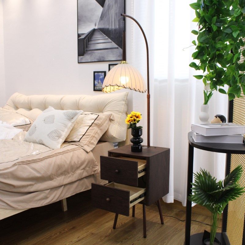 中古风实木卧室落地灯法式复古客厅茶几边几床头柜台灯置物架一体