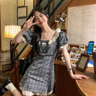 最小的海 甜美学院风短袖连衣裙2024夏季新款格纹拼接花边短裙女