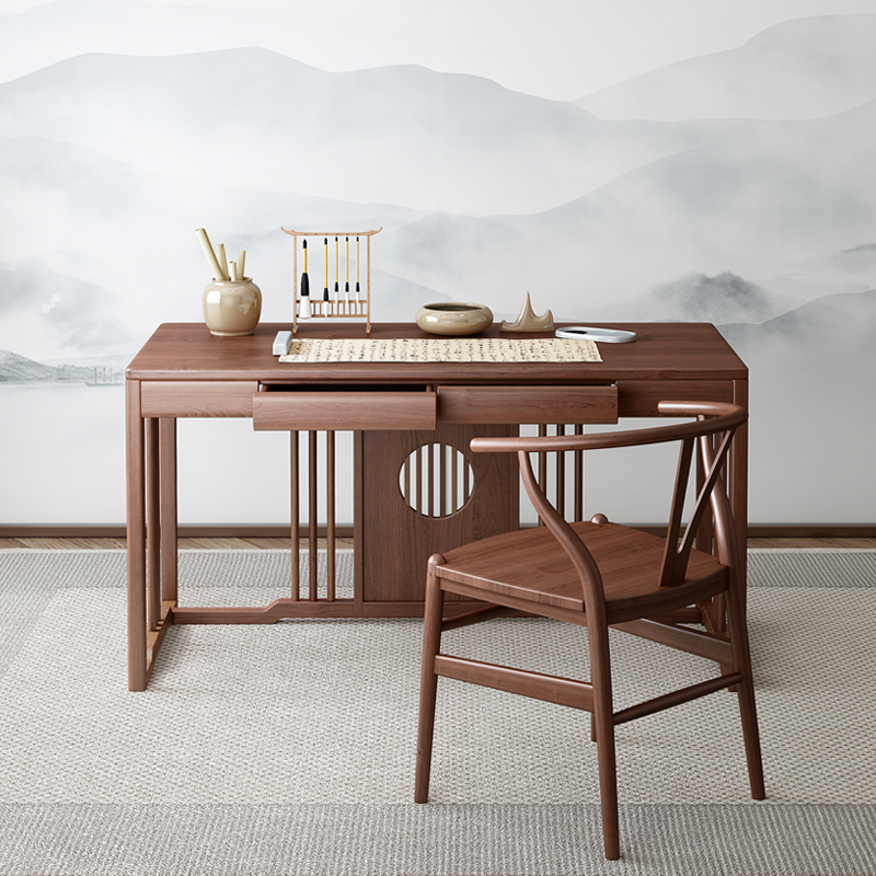 新中式实木书桌办公桌茶桌家用电脑桌卧室写字台书房书法桌书画桌