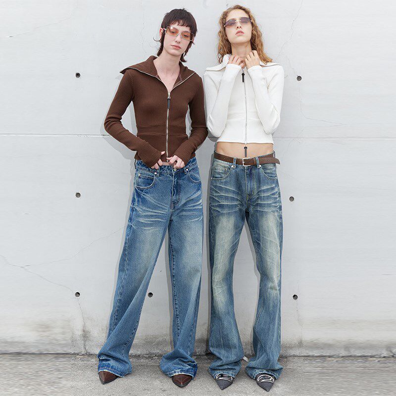 EMPTY PAGE蓝色复古水洗阔腿牛仔裤猫须做旧纹理休闲长款