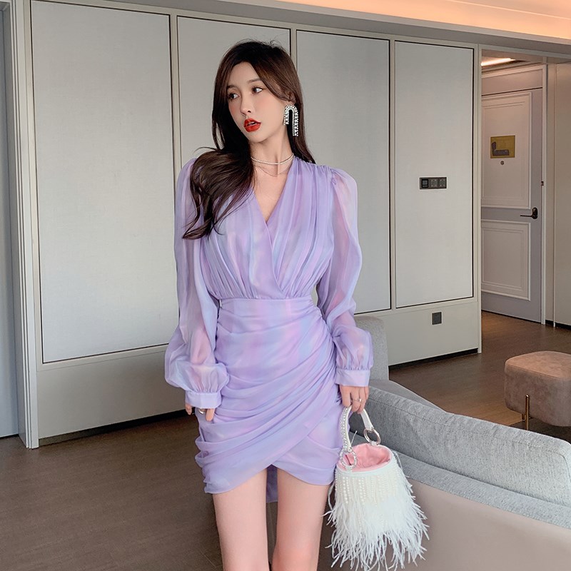 紫色连衣裙御姐轻熟风2025初秋新款雪纺长袖气质显瘦修身性感裙子