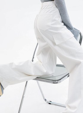 KRO白色工装休闲牛仔裤女2022秋冬新款宽松高腰直筒显瘦阔腿长裤