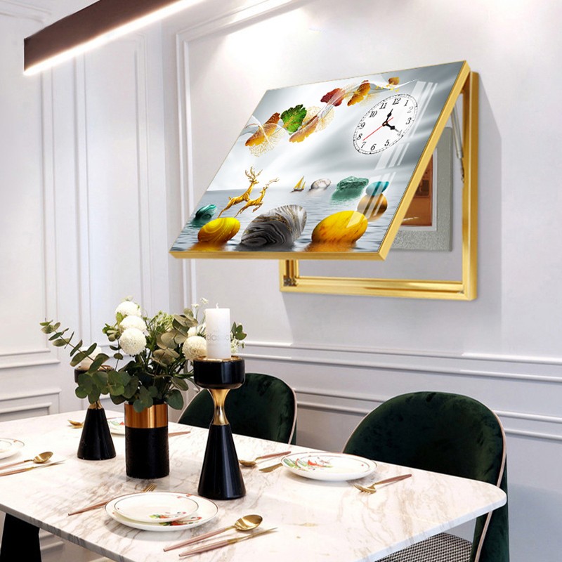 电表箱装饰画大尺寸横版带钟表时钟免打孔配电遮挡箱挂画北欧轻奢