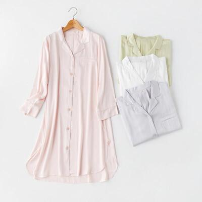 衬衫领睡裙睡衣女春秋长袖贡棉棉绸家居服休闲翻领简约纯色家居裙