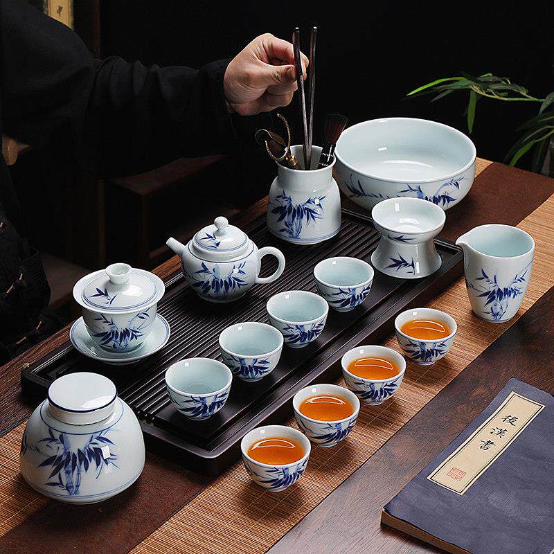 青花瓷功夫茶具套装纯手绘竹韵盖碗茶壶茶杯整套家用办公室泡茶
