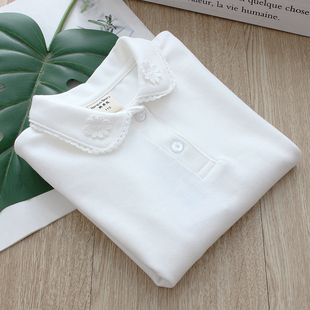 女童纯棉内搭衣儿童白色翻领百搭长袖T恤中大童磨毛上衣春秋新款