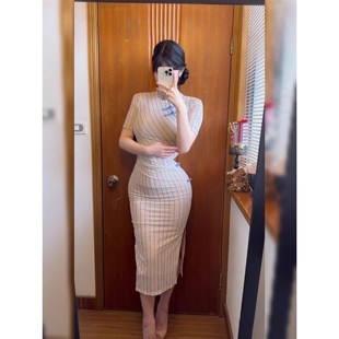 微胖小个子新中式国风条纹改良旗袍连衣裙新款气质收腰显瘦包臀裙