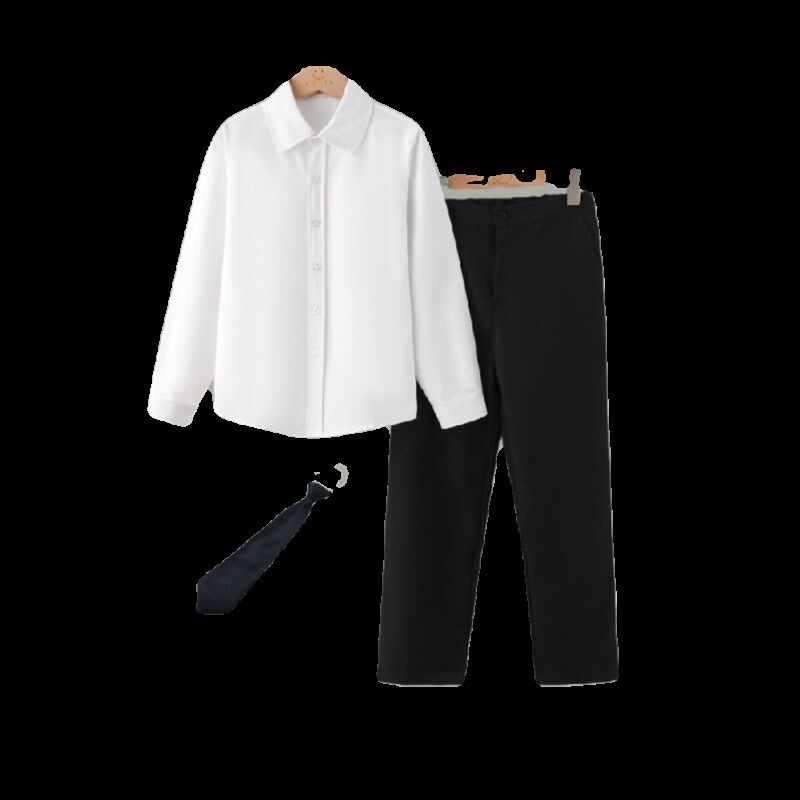儿童白色衬衫秋冬季加绒加厚学生表演出校服中大男童纯棉衬衣套装