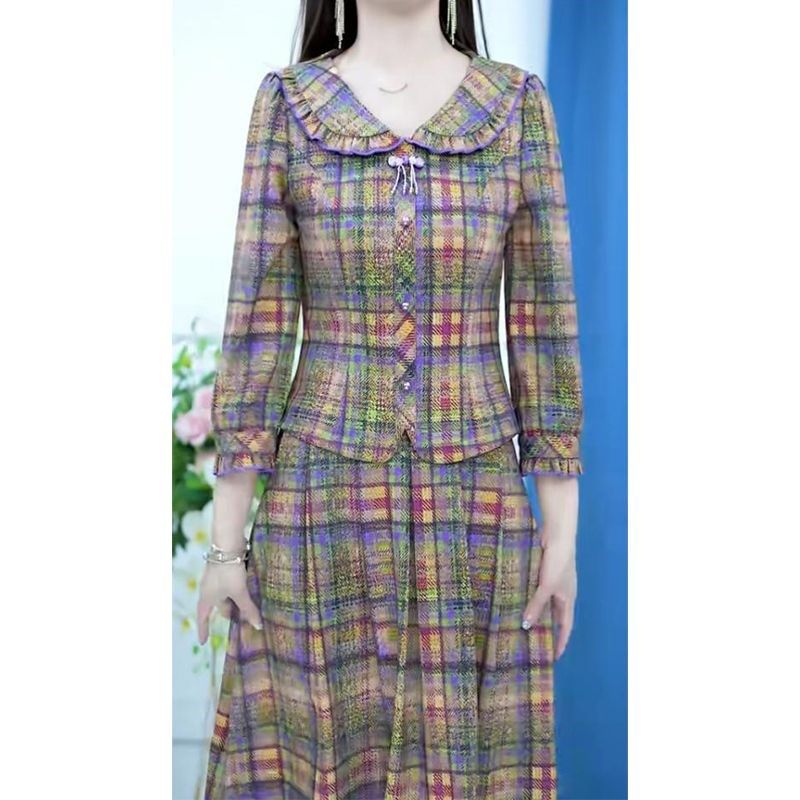 时尚格子套装女2024春季新款气质显瘦娃娃领长袖上衣半身裙两件套,女装/女士精品,时尚套装,淘宝优惠券,粉丝福利购,淘宝优惠卷