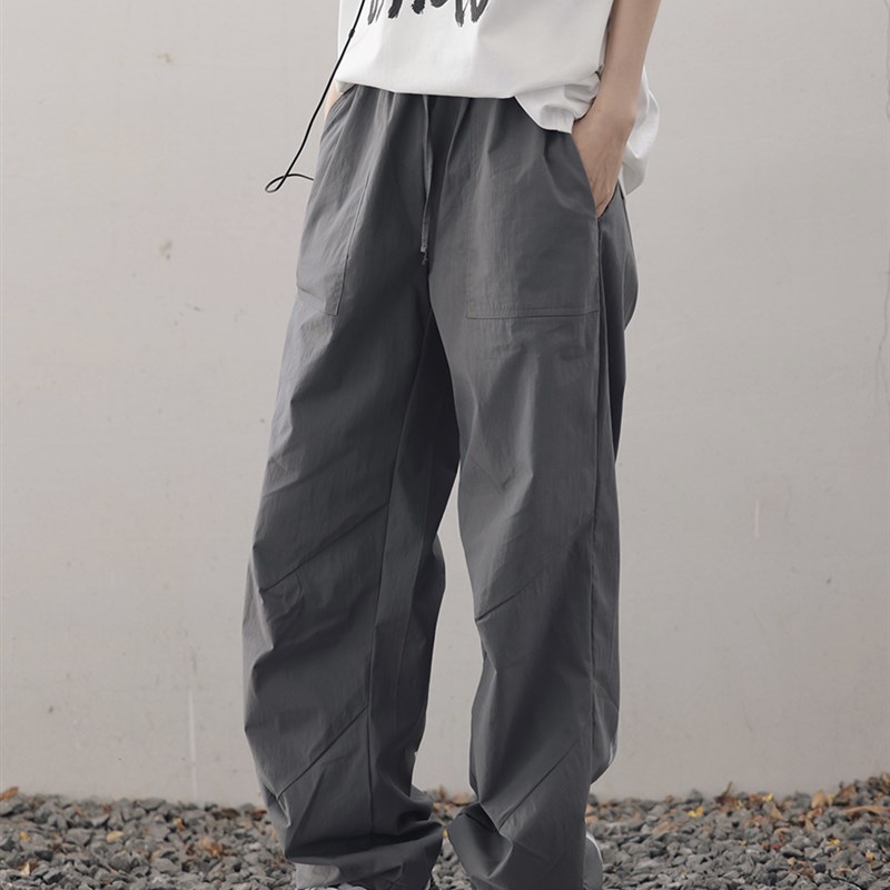衣疫 浅灰/石岩灰伞裤 宽松褶皱阔型休闲抽绳基础款工装长裤户外