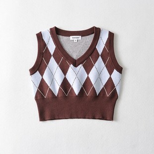 BM MICN~学院风菱格撞色针织衫背心女内搭外穿修身V领毛衣马甲潮