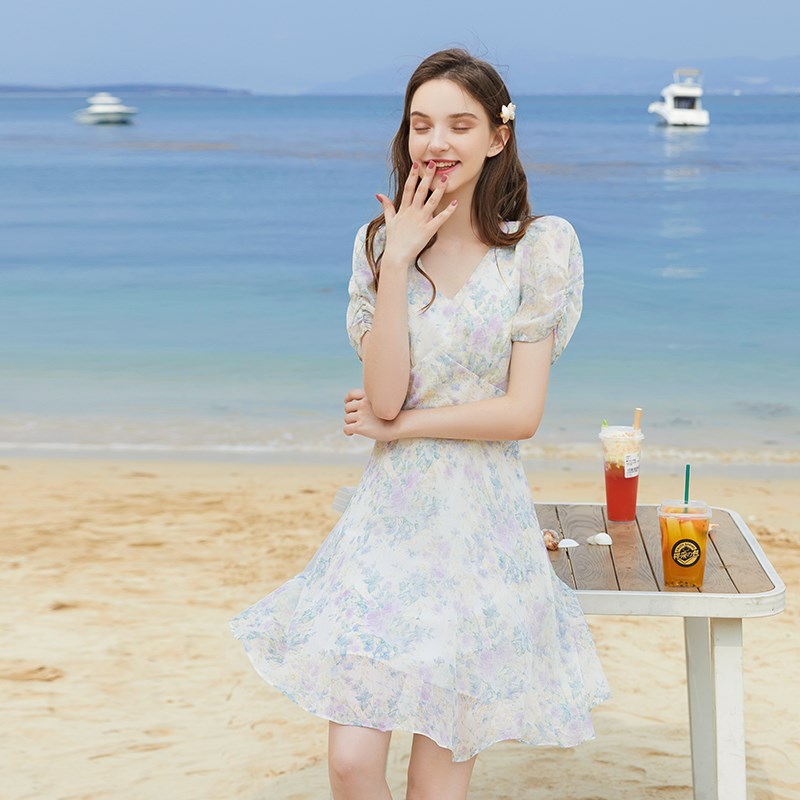 法式碎花连衣裙子女温柔风初恋茶歇桔梗森系甜美小清新小个子显高