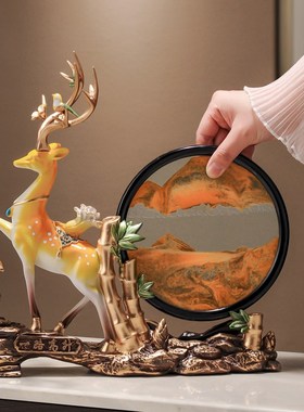 新中式流沙画小鹿摆件玄关客厅酒柜电视柜招财家居装饰品搬家新房