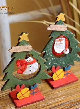 美式卡通木质装饰圣诞节树摆件欢迎老人雪人复古桌面家居装饰品