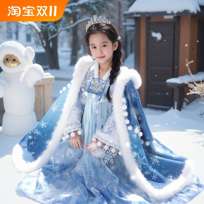 汉服儿童古装连衣裙加绒中国风冬款斗篷圣诞节礼服拜年服高端冰雪