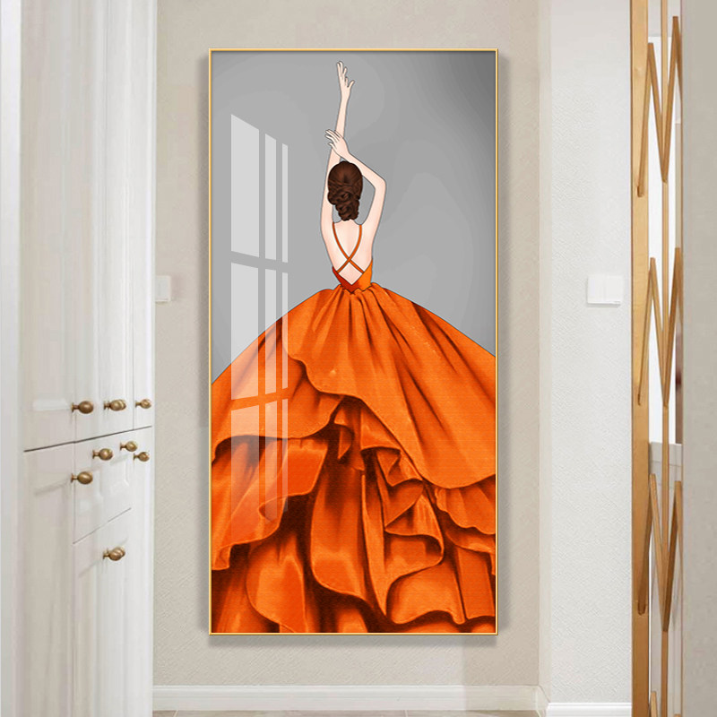 轻奢玄关竖版人物装饰画镶钻晶瓷画入户走廊过道壁画挂Z画简约现