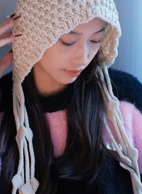 手工款流苏球球红色针织毛线帽保暖包头帽冬天护耳绑带帽潮帽子女