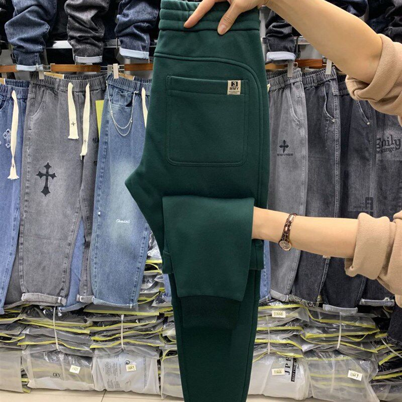 冬季针织棉d运动裤加绒加厚卫裤休闲裤男士酒红长裤弹力流行小脚