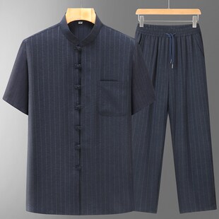 夏季短袖套装中老年唐装男50岁y60爸爸夏装父亲两件套爷爷衣服衬