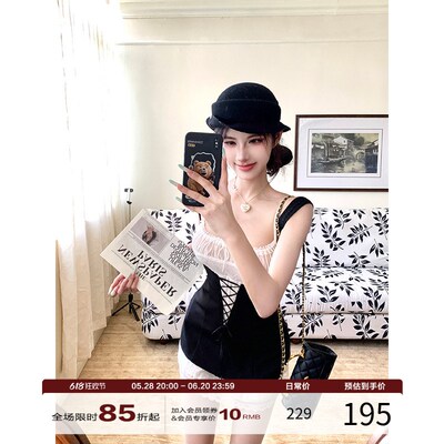 灰尘邓邓 法式吊带连衣裙女2025夏季新款蕾丝拼接包臀裙收腰裙子