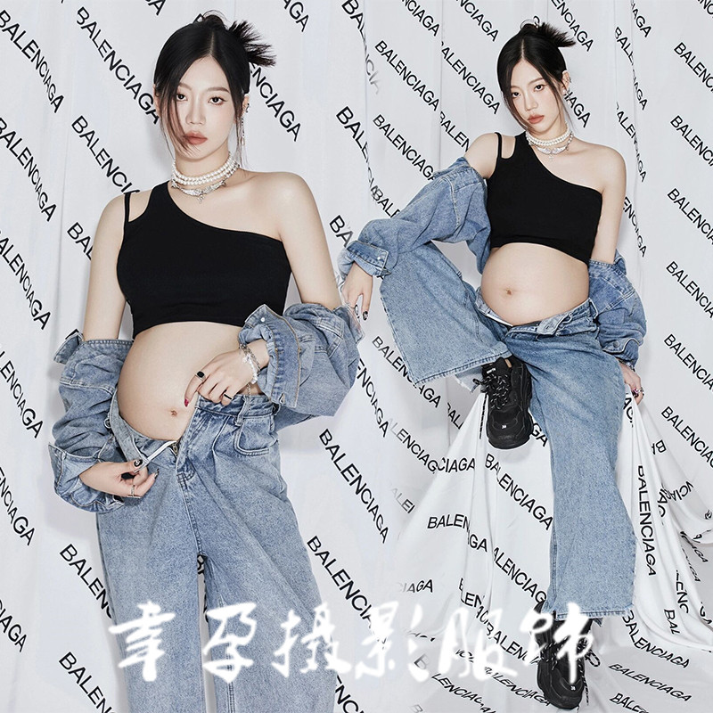 孕妇照服装影楼新款个性时尚牛仔甜酷孕妈咪大肚艺术拍.照摄影衣