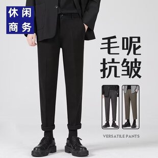 新款秋冬季男士毛呢休闲裤修身z烟管裤百搭潮流加厚西裤九分裤子