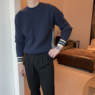 摩摹男装 冬季新款n毛衣男 日系撞色破洞设计个性圆领针织衫线衣