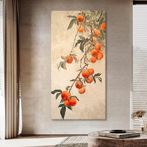 柿柿如意纯手绘油j画新中式玄关装饰画客厅走廊过道柿子肌理画挂