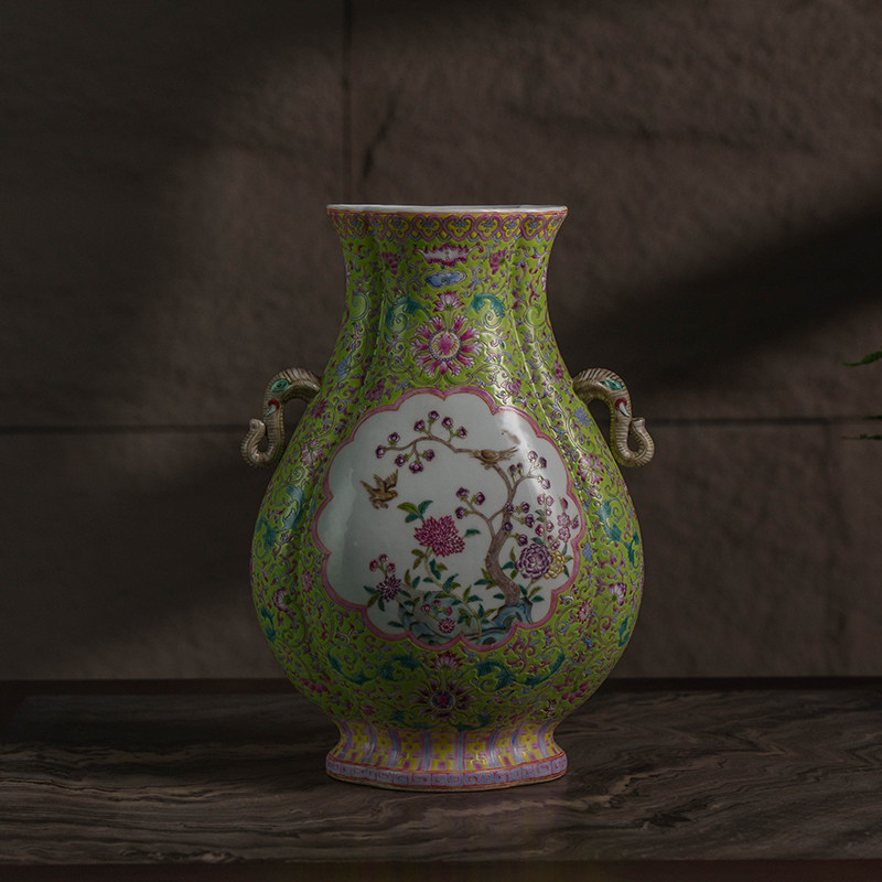 清代绿地粉彩吉祥富贵海棠形象耳瓶文玩古董瓷器收藏中式花瓶摆件