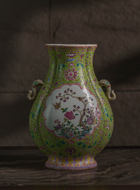 清代绿地粉彩吉祥富贵海棠形象耳瓶文玩古董瓷器收藏中式花瓶摆件