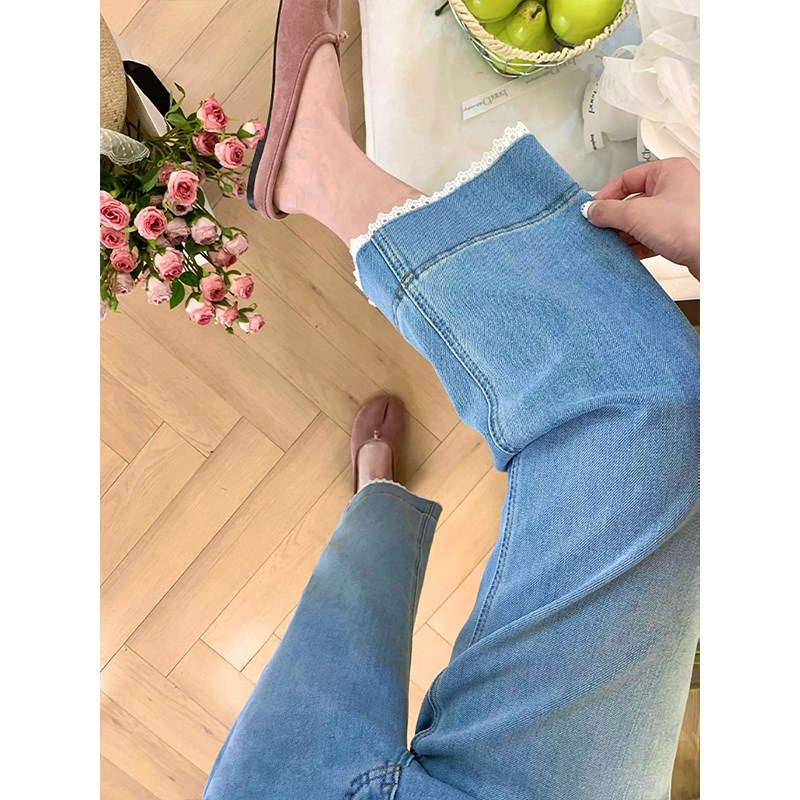 蕾丝拼接浅蓝色牛仔裤女春夏新款大码胖mm弹力梨形身材九分直筒裤