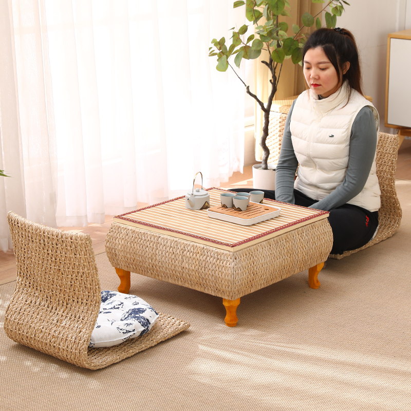 飘窗小桌子日g式草编榻榻米茶几实木收纳小方桌藤编炕桌矮桌阳台