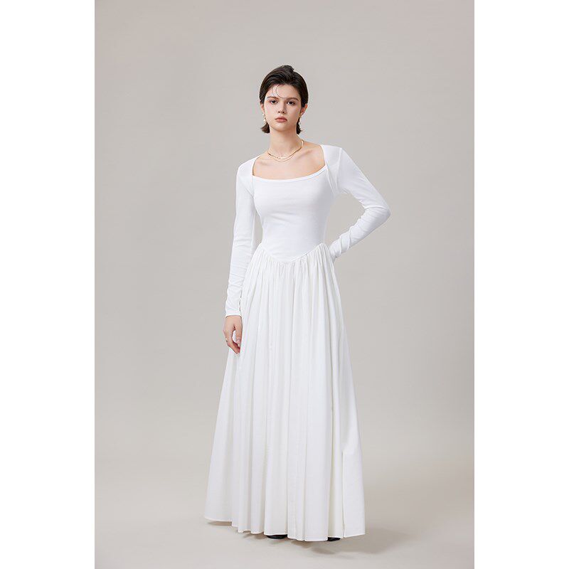 GVCJ高个子女装2024秋冬气质长袖黑色白色收腰显瘦百搭连衣裙长裙